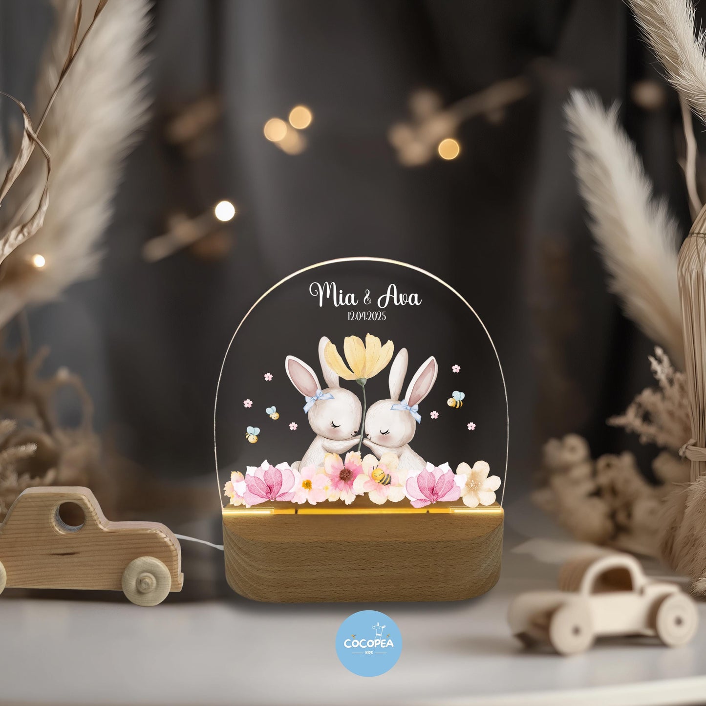 Nachtlicht Zwillinge Edition: Hasen im Blütenzauber