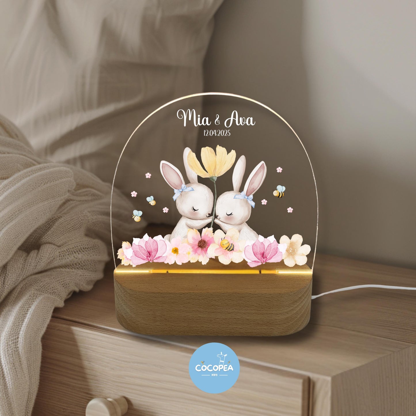 Nachtlicht Zwillinge Edition: Hasen im Blütenzauber