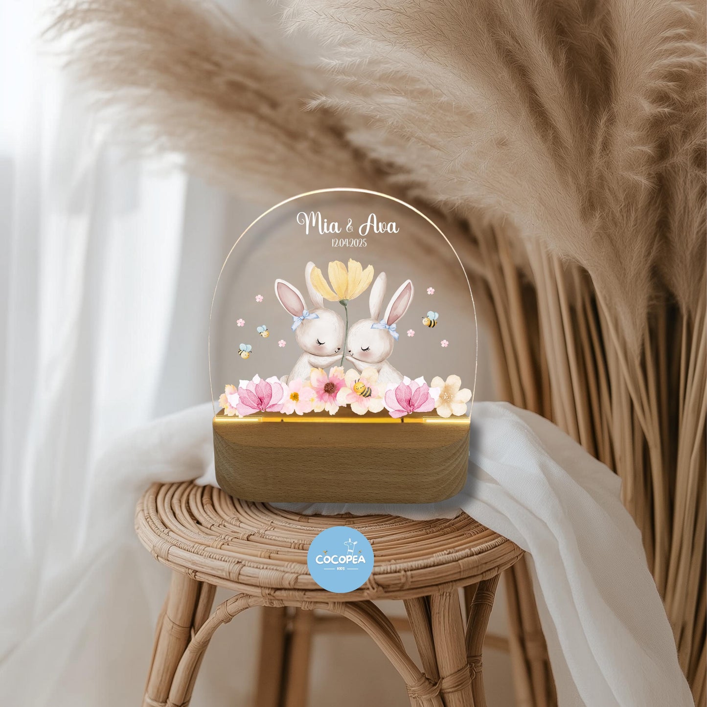 Nachtlicht Zwillinge Edition: Hasen im Blütenzauber