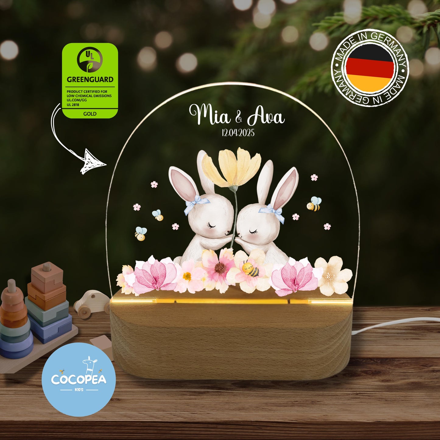 Nachtlicht Zwillinge Edition: Hasen im Blütenzauber