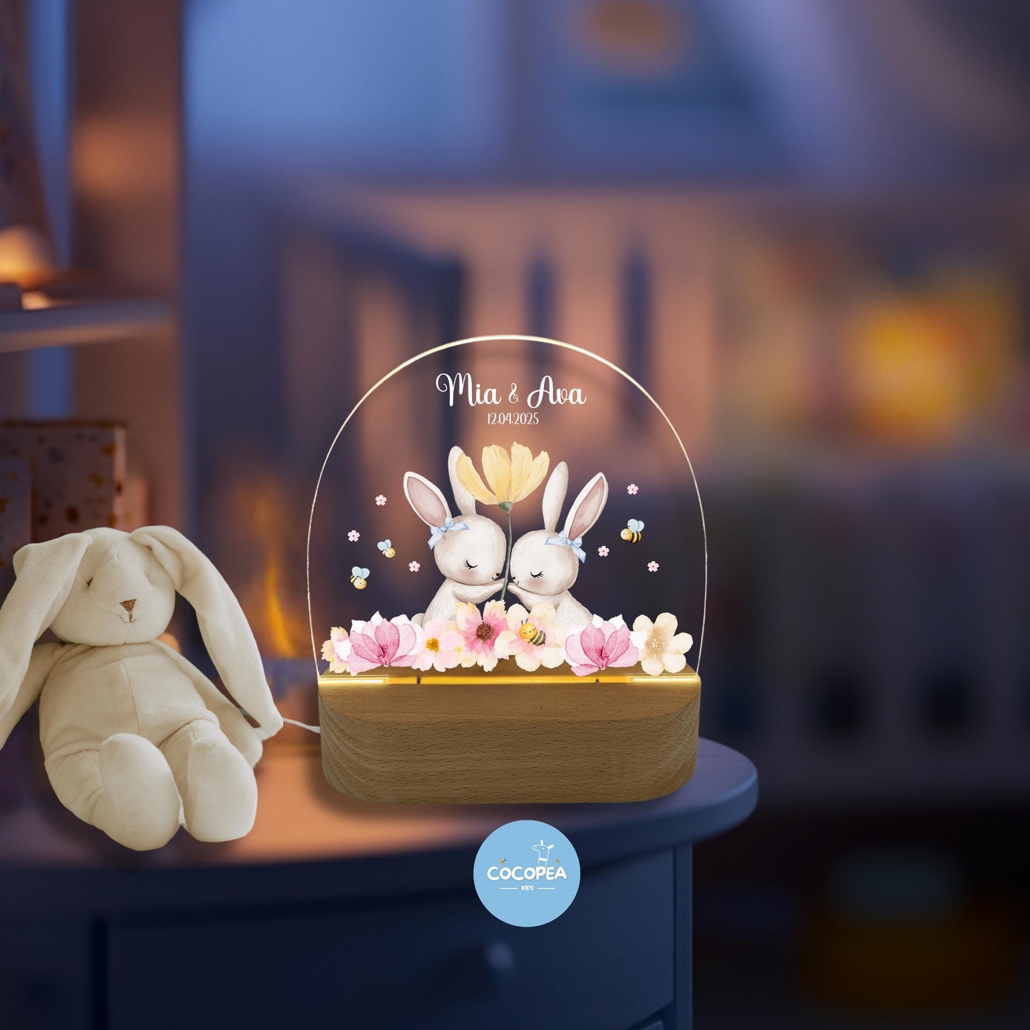 Nachtlicht Zwillinge Edition: Hasen im Blütenzauber