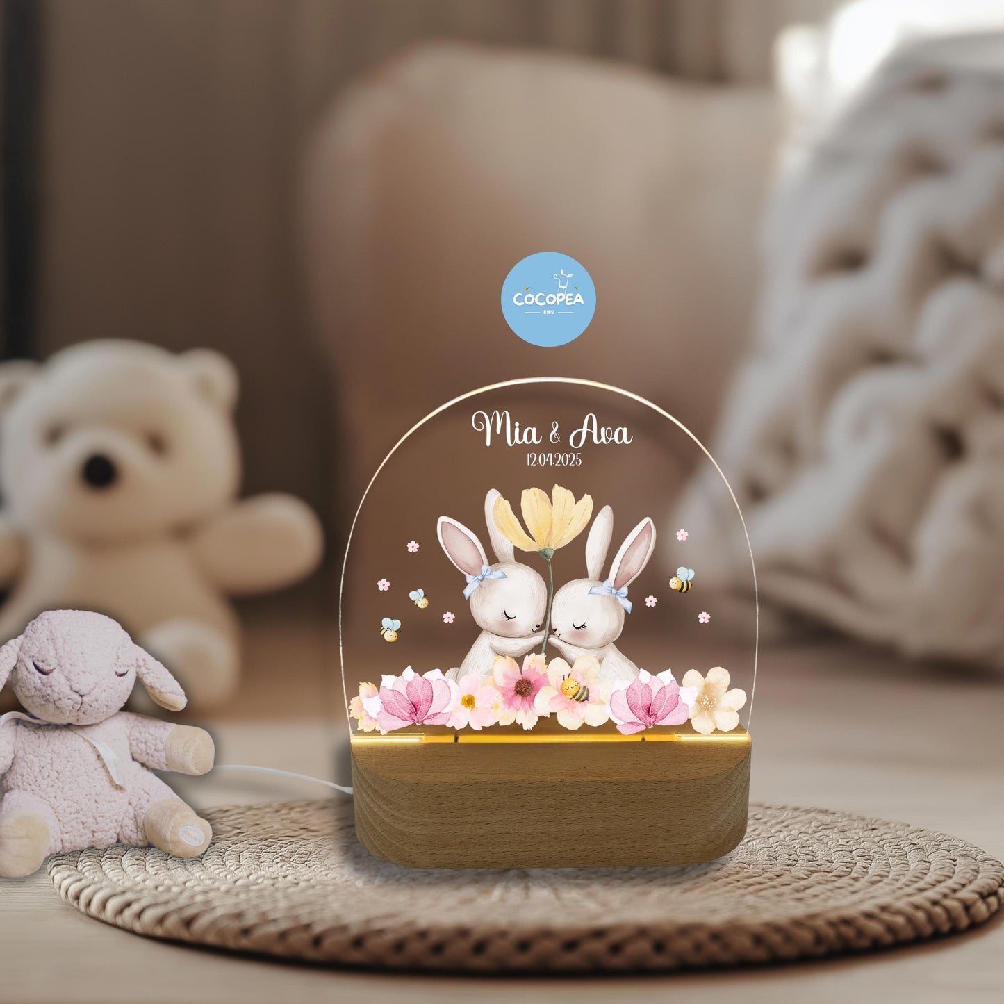 Nachtlicht Zwillinge Edition: Hasen im Blütenzauber