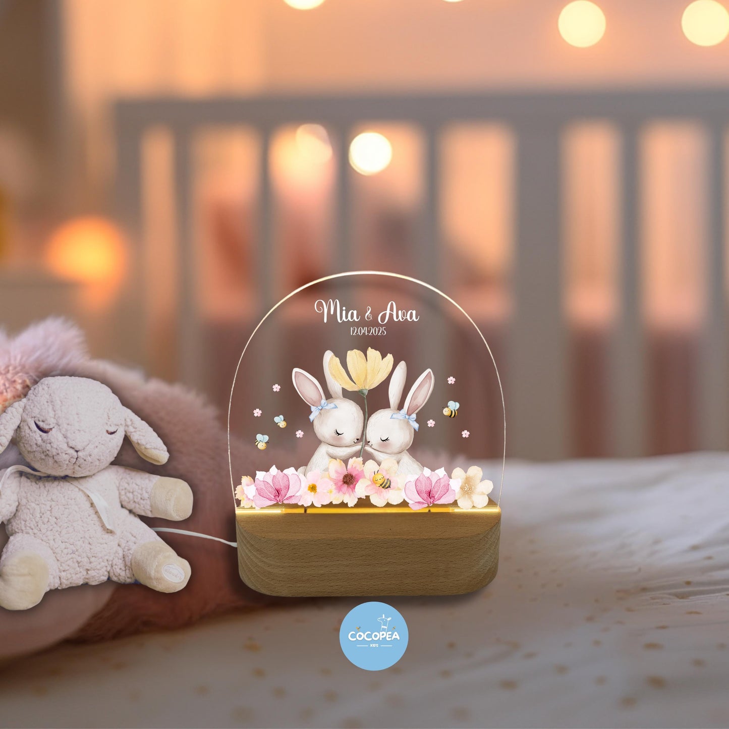 Nachtlicht Zwillinge Edition: Hasen im Blütenzauber